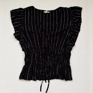 Black Striped Ruffle Sleeve Cinched Waist Top – Flowy Peplum Style